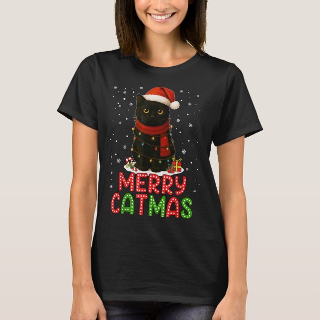 T-shirt Merry Catmas Santa Hat Funny Black Cat Christmas W (Devant)