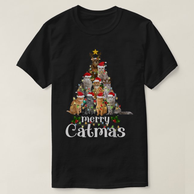 T-shirt Merry Catmas Tree Lights Funny Christmas Cat Match (Design devant)