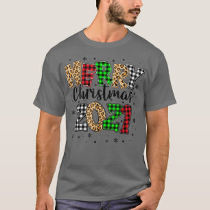 T-shirt Merry Christmas 2021 Leopard Buffalo Plaid Red Gre