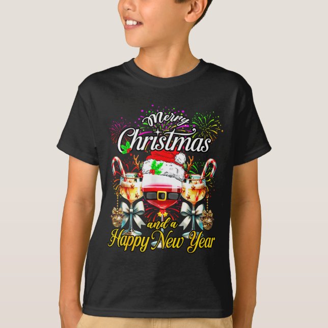 T-shirt Merry Christmas And A Happy New Year Firework Wine (Devant)