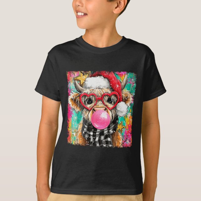 T-shirt Merry Christmas Bubble Gum Xmas Highland Cow Heife (Devant)