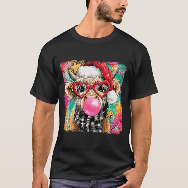 T-shirt Merry Christmas Bubble Gum Xmas Highland Cow Heife (Devant)