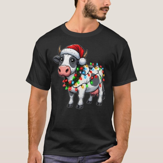 T-shirt Merry Christmas Cow Santa Christmas Lights Cow Xma (Devant)