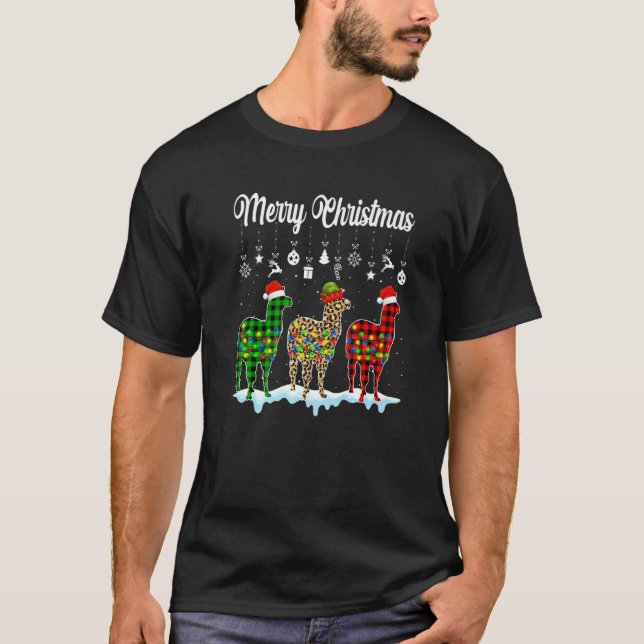 T-shirt Merry Christmas Cute Llama  Xmas Leopard Plaid (Devant)