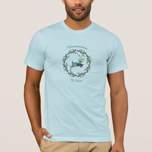 T-shirt Merry Christmas Deer with Wreath Teal Men's (Devant)