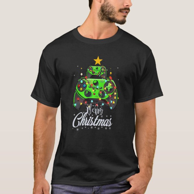 T-shirt Merry Christmas Game Controller Tree Kid Adult Lig (Devant)