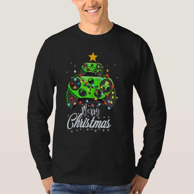 T-shirt Merry Christmas Game Controller Tree Kid Adult Lig (Devant)