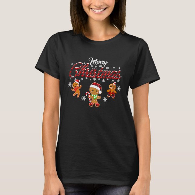 T-shirt Merry Christmas Gingerbread Xmas Red Plaid Cookie  (Devant)