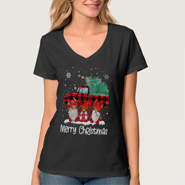 T-shirt Merry Christmas Gnomes Santa Reindeer Plaid Truck  (Devant)