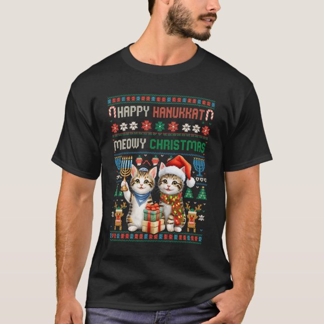 T-shirt Merry Christmas Happy Hanukkah Cat Hanukkat Jewish (Devant)
