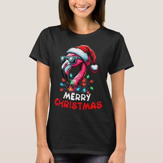 T-shirt Merry Christmas Hat Santa Flamingo Christmas Light (Devant)