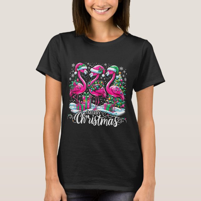 T-shirt Merry Christmas Hat Santa Flamingo Light Christmas (Devant)