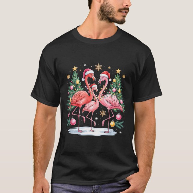 T-shirt Merry Christmas Hat Santa Flamingo Light Christmas (Devant)
