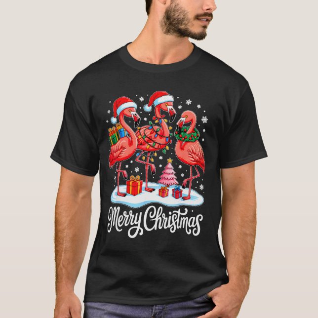 T-shirt Merry Christmas Hat Santa Flamingo Light Xmas Wome (Devant)