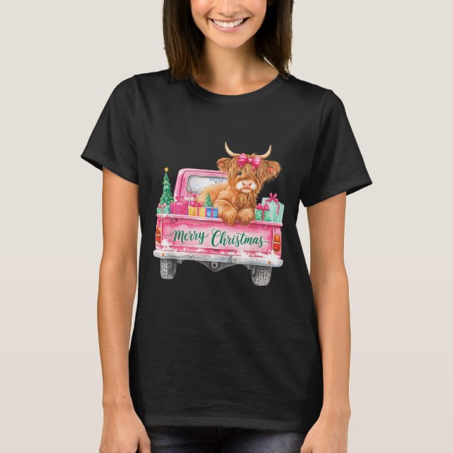 T-shirt Merry Christmas Highland Cow Nk Truck Xmas Tree Wo (Devant)