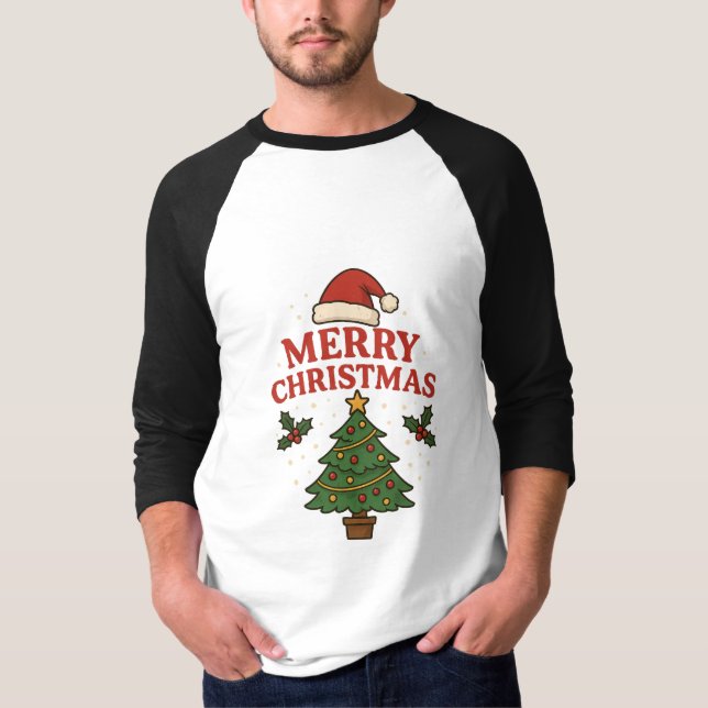 T-shirt Merry Christmas Holiday Tree & Santa Hat Festive  (Devant)