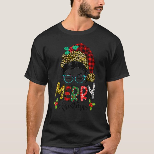 T-shirt Merry Christmas Leopard Messy Bun Happy Xmas 4 (Devant)