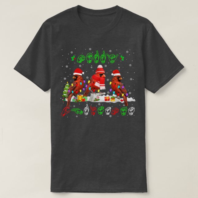 T-shirt Merry Christmas Lights Cardinal Bird ASL Sign Lang (Design devant)
