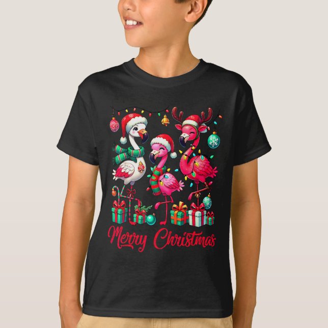 T-shirt Merry Christmas Lights Flamingo Santa Hat Snow Xma (Devant)