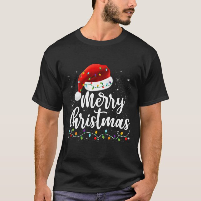 T-shirt Merry Christmas Lights Red Santa Hat Xmas Family M (Devant)