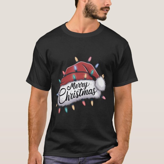 T-shirt Merry Christmas Lights Red Santa Hat Xmas Family M (Devant)