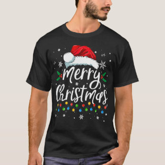 T-shirt Merry Christmas Lights Red Santa Hat Xmas Family M
