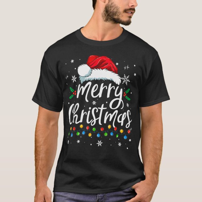 T-shirt Merry Christmas Lights Red Santa Hat Xmas Family M (Devant)