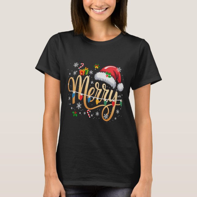 T-shirt Merry Christmas Lights Red Santa Hat Xmas Men Wome (Devant)