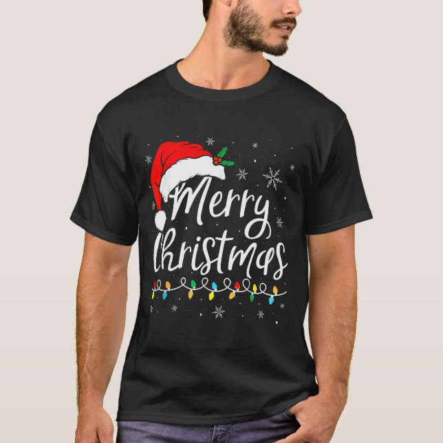 T-shirt Merry Christmas Lights Santa Hat Xmas Family Match (Devant)