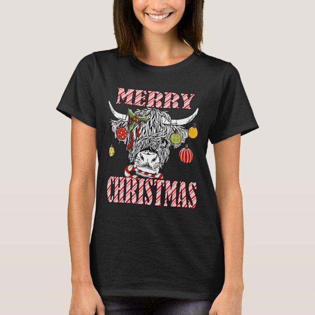 T-shirt Merry Christmas Longhorn Cow Candycane Xmas Holida (Devant)
