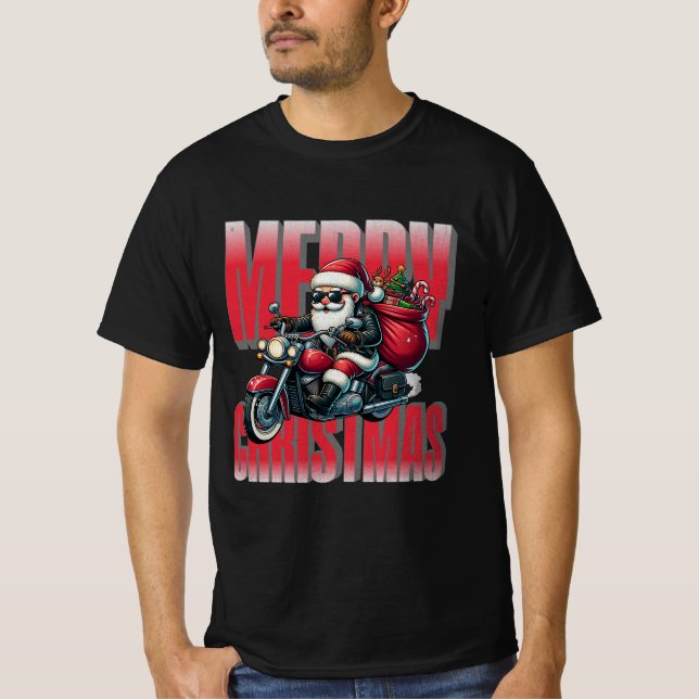 T-shirt Merry Christmas – Motorcycle Santa Design (Devant)