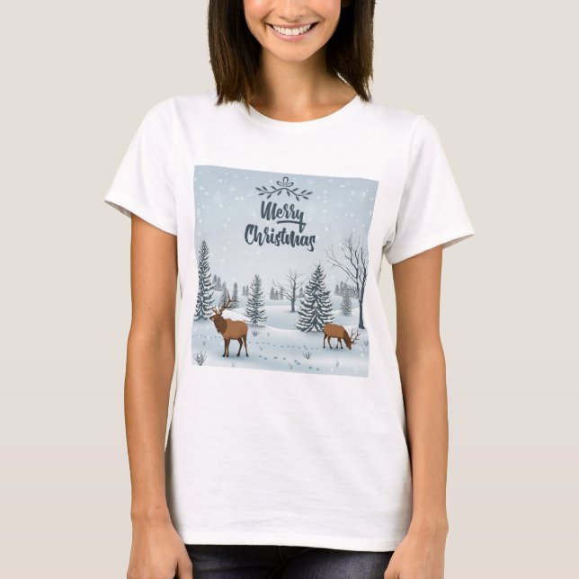 T-shirt Merry Christmas Mountain Deer (Devant)
