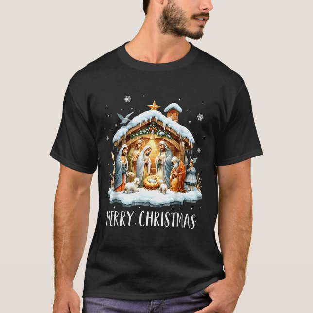 T-shirt Merry Christmas Nativity Scene North Star Baby Jes (Devant)