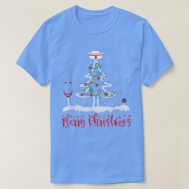 T-shirt Merry Christmas Nurse Tree Stéthoscope Tree Lights (Design devant)