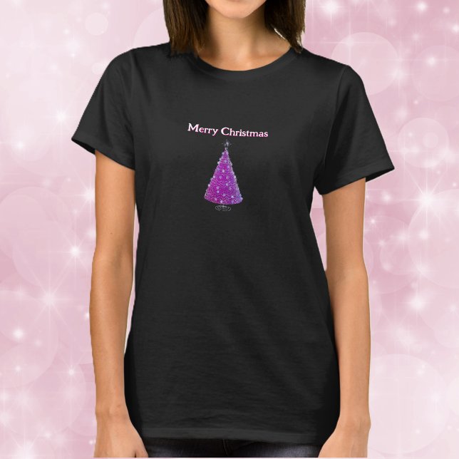 T-shirt Merry Christmas Pink Silver Sparkle Like Tree (Pink Christmas tree silver sparkle decorations on womans holiday tee shirt.)