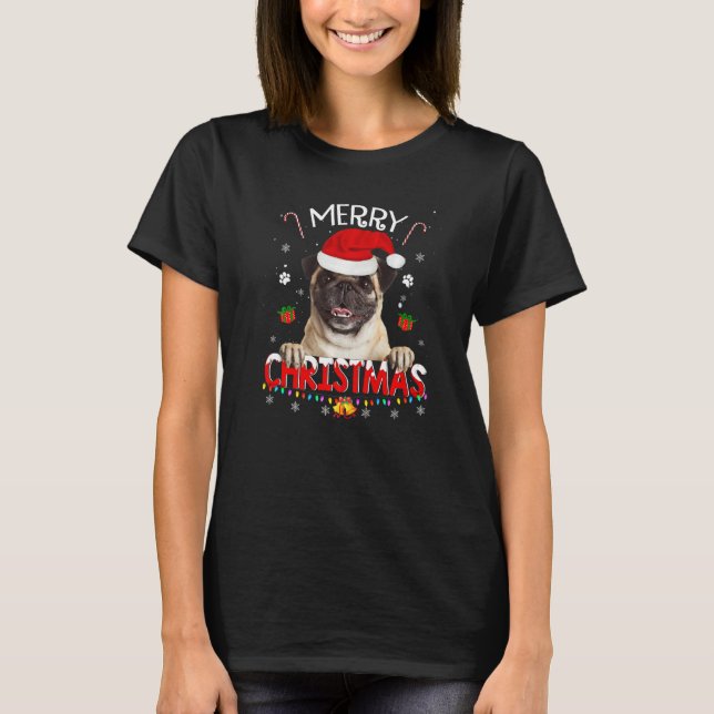 T-shirt Merry Christmas Pug Dog Santa Hat Lights Xmas Paja (Devant)