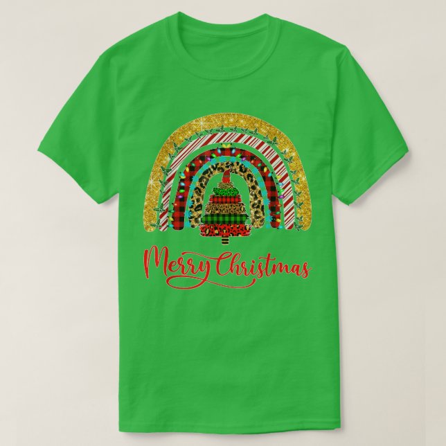 T-shirt Merry Christmas Rainbow Tree Leopard Buffalo Red P (Design devant)