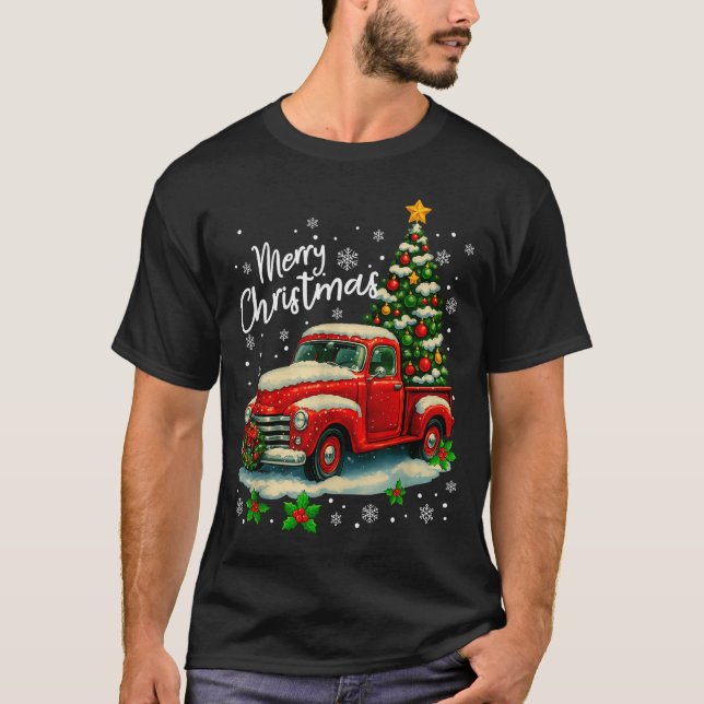 T-shirt Merry Christmas Red Truck Funny Xmas Tree Family M (Devant)