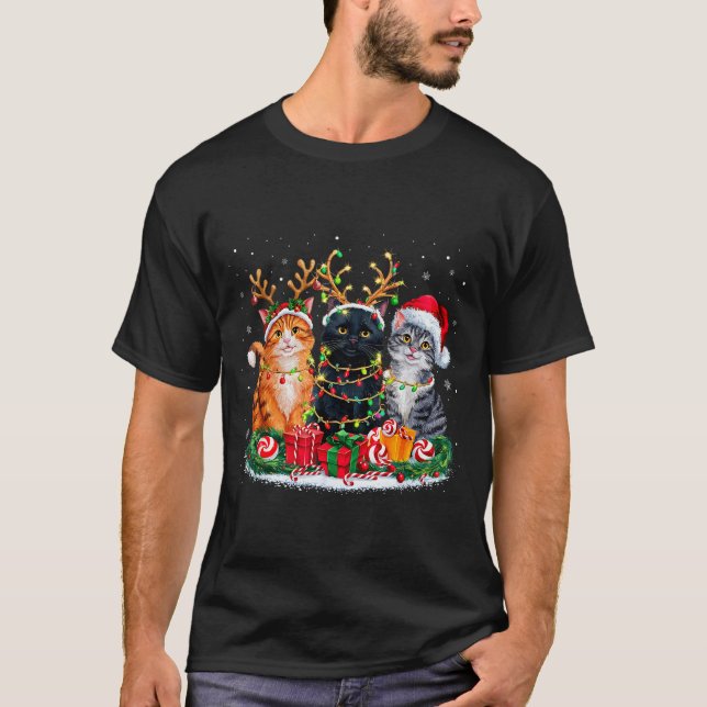 T-shirt Merry Christmas Santa Cat Light Gorgeous Reindeer  (Devant)