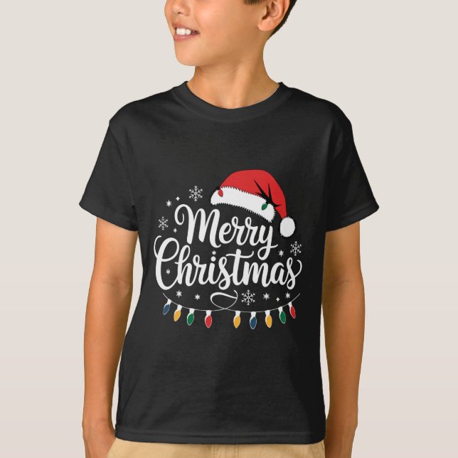 T-shirt Merry Christmas Santa Hat Xmas Lights Red Family M (Devant)