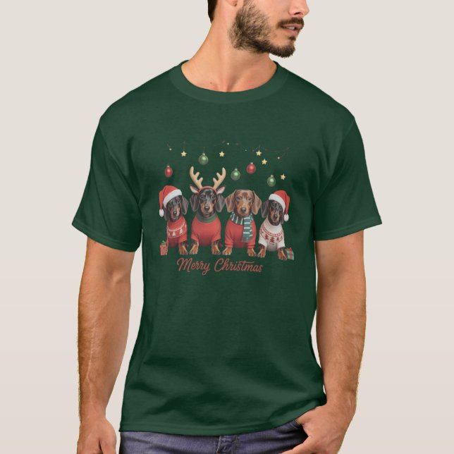 T-shirt Merry Christmas Santa Reindeer Dachshund Weiner  (Devant)