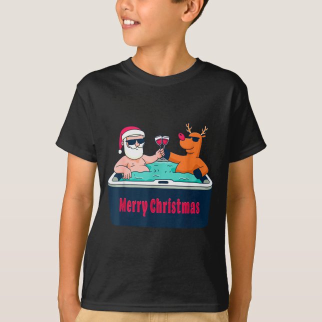 T-shirt Merry Christmas Santa Reindeer Hot Tub Spa Wine  (Devant)