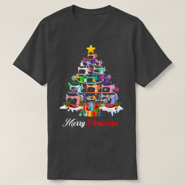 T-shirt Merry Christmas Sewing Machines Xmas Tree Lights Q (Design devant)