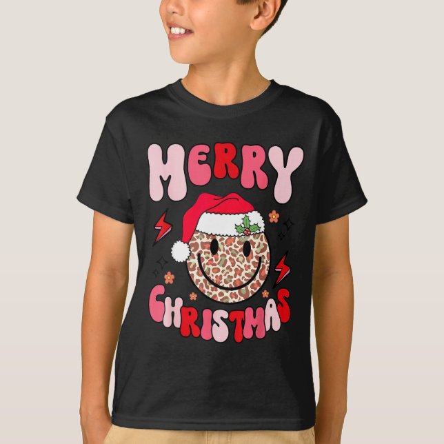 T-shirt Merry Christmas Smile Face Santa Claus Hat Groovy  (Devant)