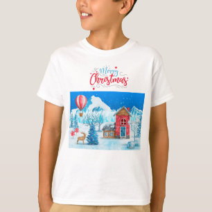 T-SHIRT MERRY CHRISTMAS SNOWWING VILLAGE ELK PINE TREE
