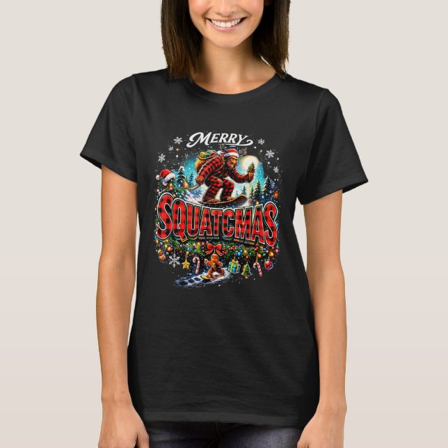 T-shirt Merry Christmas Squatchmas Funny Bigfoot Snowboard (Devant)