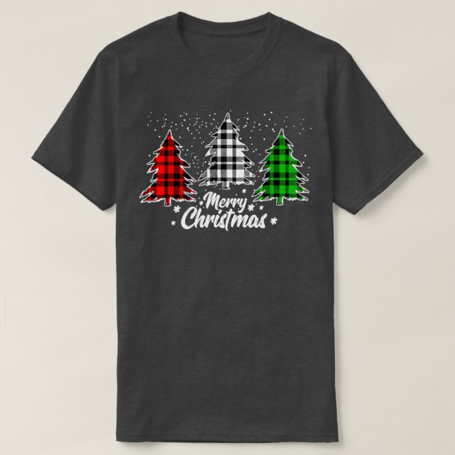 T-shirt Merry Christmas Tree Buffalo Plaid Red White Green (Design devant)