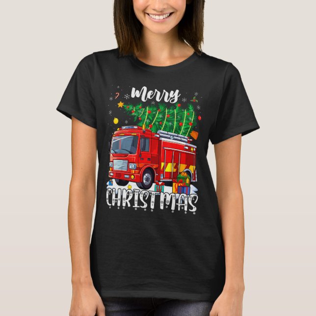T-shirt Merry Christmas Tree Firetruck Pajama Firefighter  (Devant)