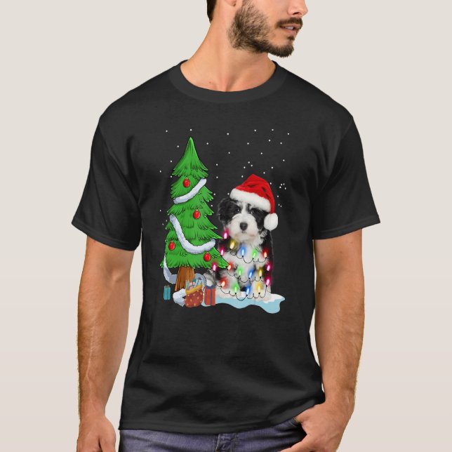 T-shirt Merry Christmas Tree Light Santa Hat Dog Shih Tzu  (Devant)