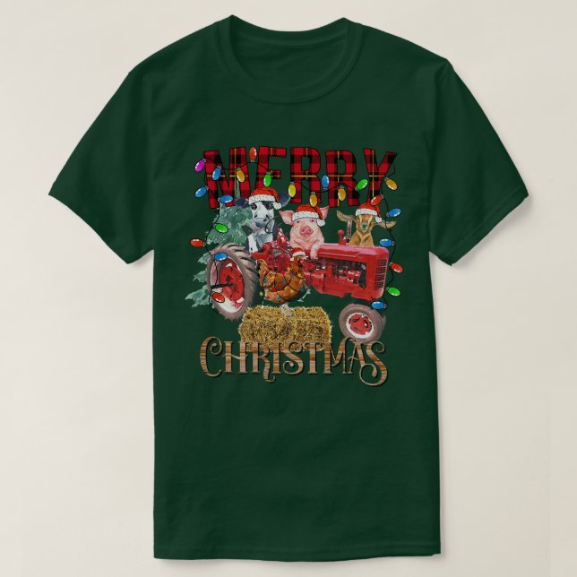T-shirt Merry Christmas Tree Red Tractor Lighting Farmer C (Design devant)